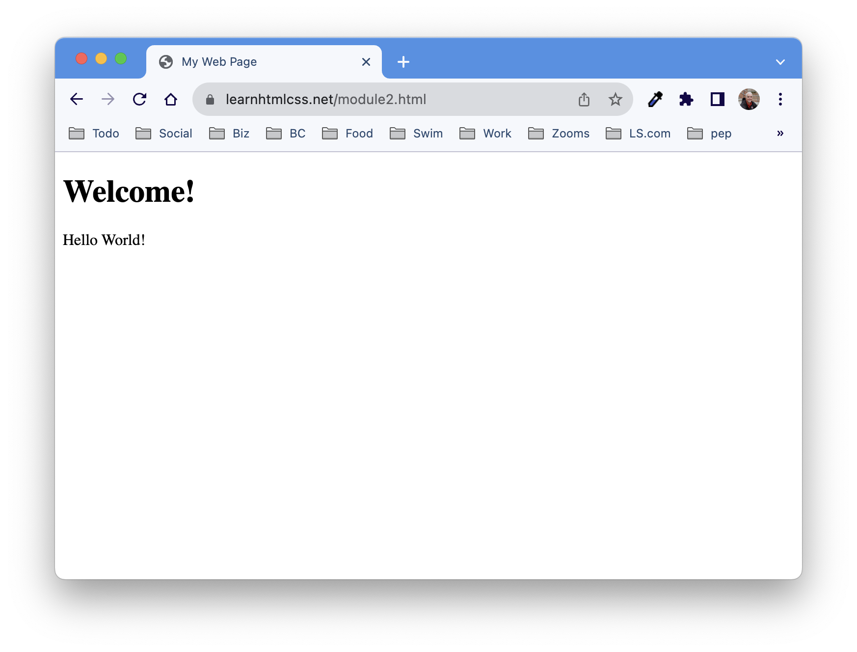 a web browser displaying a web page, with a welcome heading and a hello world paragraph
